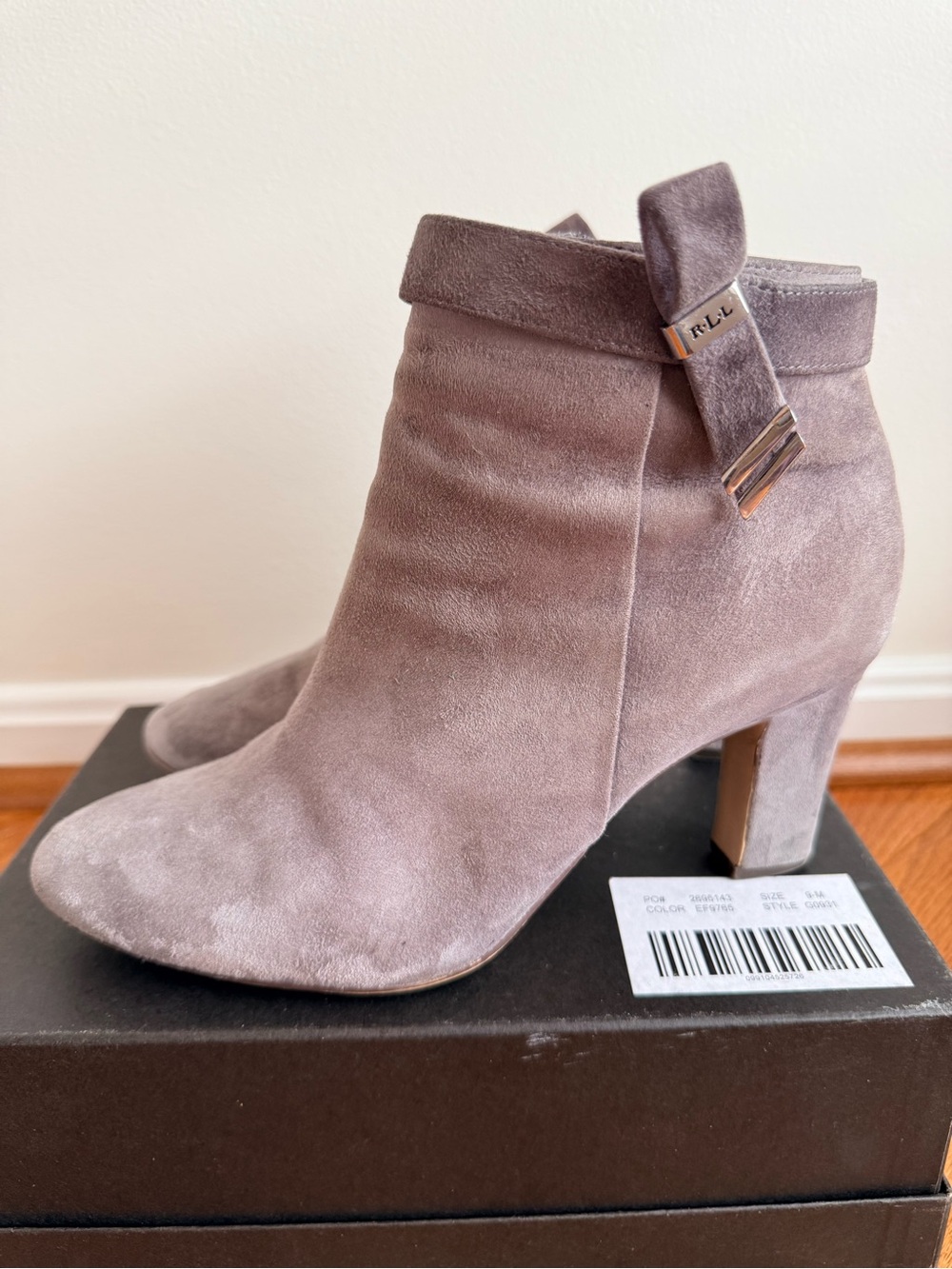 Ralph Lauren Taupe Suede Ankle Booties with Decorative Strap